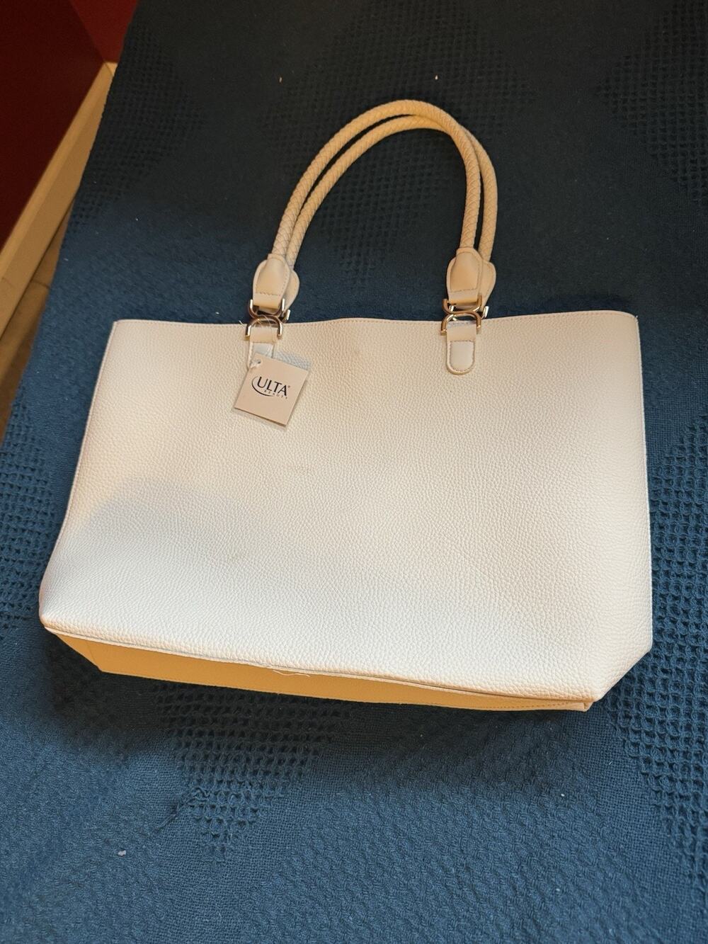 Ulta Beauty Handbag Women Cream Tote Shopper Gold Tone Faux Leather Ladies NWT